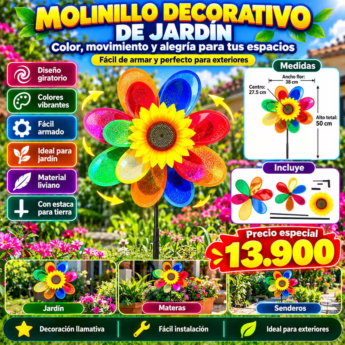 Molinillo Giratorio de Jardín Multicolor — Flor Decorativa de 50 cm
