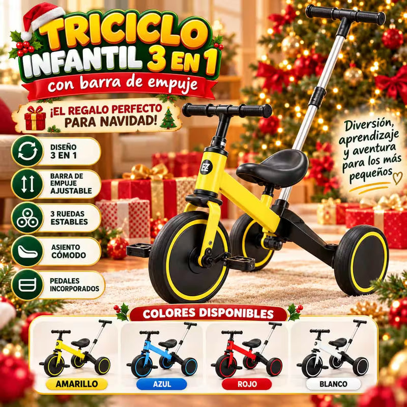 Triciclo Infantil 3 en 1  Barra Paseadora Ajustable + Pedales - El Regalo Perfecto para Navidad